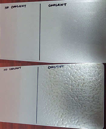Coating comparison, no coating vs. Quakercool 750 TP Coolant (above)
No Coolant vs. competitive Coolant