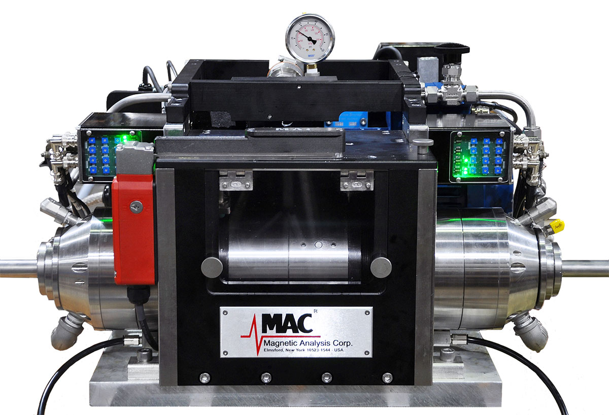 Echomac® 25mm Ultrasonic Rotary Test Unit for high speed precision testing of small diameter, thin wall tube.