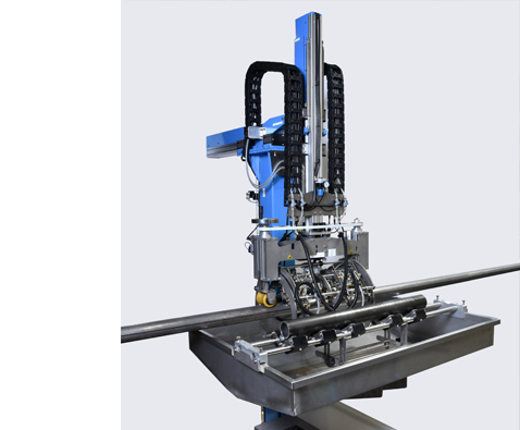 Ultrasonic Weldline Tester with the Test Head conducting  production testing of a tube