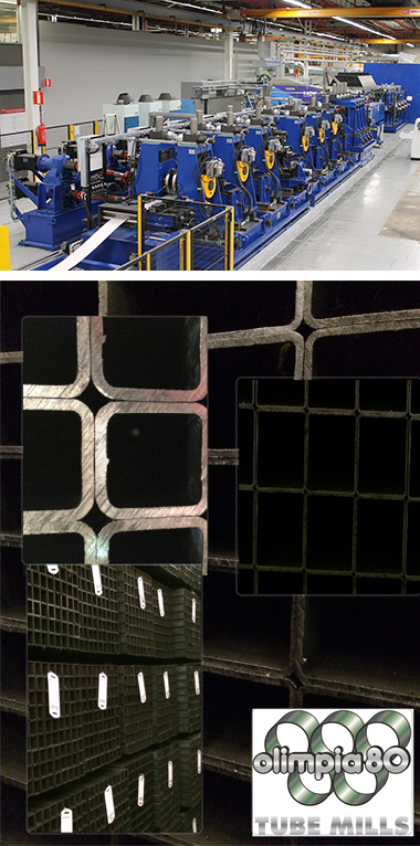 <center>1. Complete tube mill with linear cage forming technology for square and rectangular sections </br> 2. Examples of square and rectangular tubes produce with our linear cage forming mill</center>