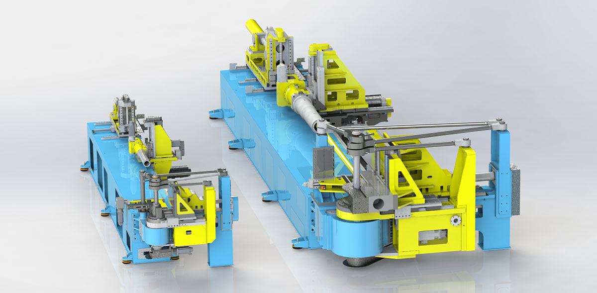 The CNC 220 E TB MR of Schwarze-Robitec’s High-Performance-series in comparison to a machine of the type CNC 80: unique in terms of dimensions and tube and pipe bending capacity.