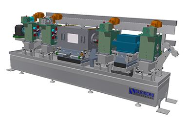 Layout of combined testing bench for tubes up to 90mm OD with UT rotary head (central) & ET magnetizing yoke and coil (blue right side).